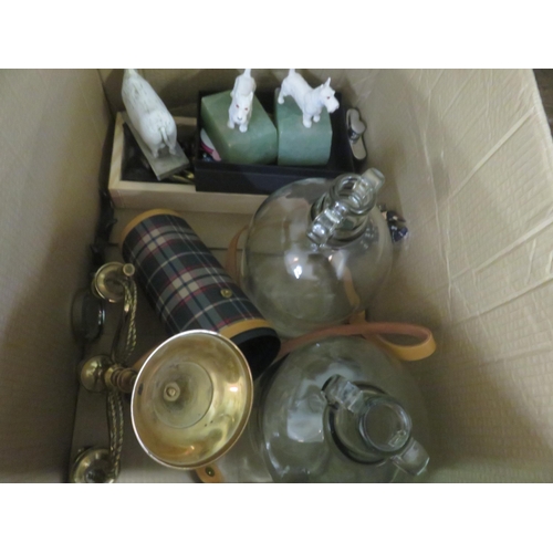 362 - Box containing Wine Making Bottles, Dog Bookends, Brass Candlestick etc.