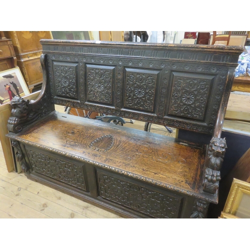 395 - Large Late 19th Century Carved Oak Jacobean style Hall Bench/Settle