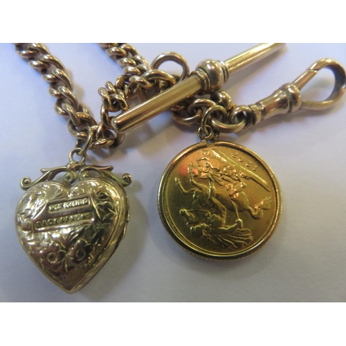 182 - 9ct. Gold Albert Chain with half sovereign charm and yellow metal locket charm, total weight 42.8 gr... 