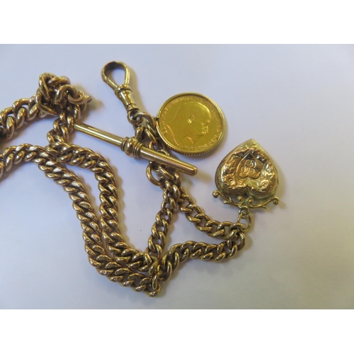 182 - 9ct. Gold Albert Chain with half sovereign charm and yellow metal locket charm, total weight 42.8 gr... 