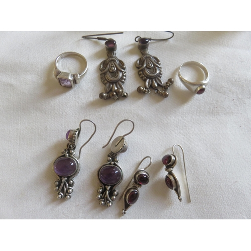 100 - Mixed Lot of Silver and Amethyst Jewellery, Two Rings, Three Pairs of Earrings