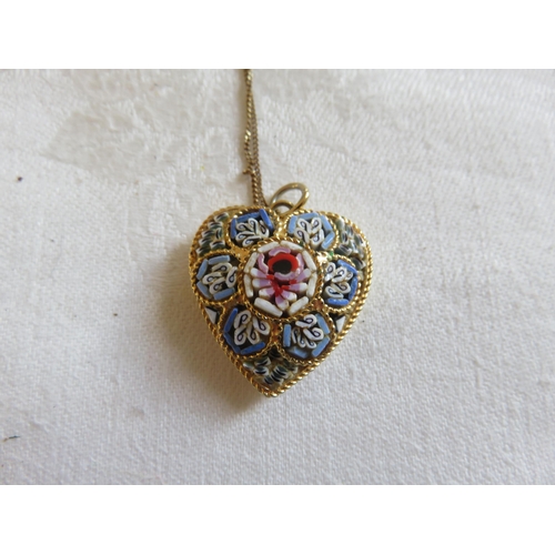 108 - Italian Micro Mosaic Heart Pendant on 9ct Gold Chain