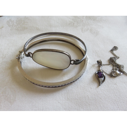 112 - Two Silver Gem and Mother of Pearl Bangles and Pendant and Chain