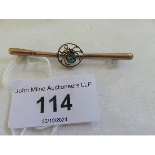 114 - Victorian 9ct Gold Bar Brooch With Aquamarine Spider