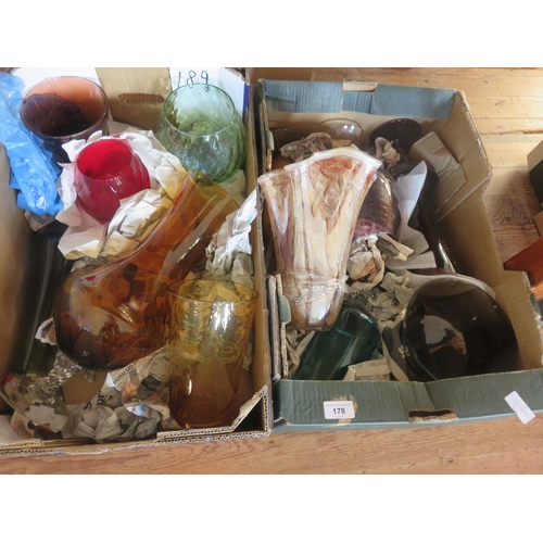 178 - Two boxes of Coloured Glass and two boxes of bric-a-brac