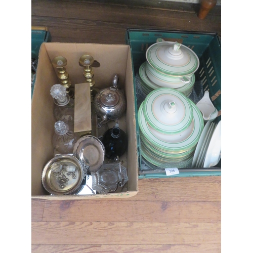 324 - Box with Decanters, Plate, Onyx Clock and Box of Lozol Dinnerware