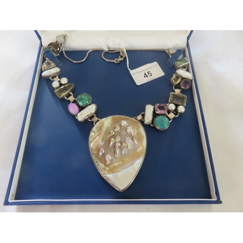 Large Ornate Silver and Multi Gemstone Necklace with Carved Mother of Pearl Centre Piece