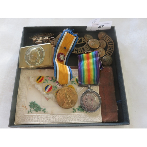 47 - Pair of WWI Medals, S-355849 Pte. J. Wyness A.S.C. Brass Vesta Holder, Buttons etc.