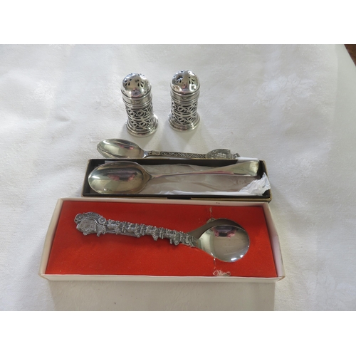 56 - Pair of Silver Cruets, Two Silver Spoons and One Other