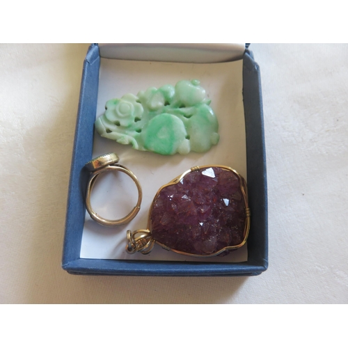 74 - Carved Jade Pendant, Amethyst Pendant and a Ring