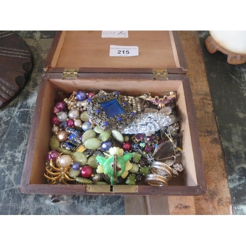 215 - Wooden Box with Lot of Vintage Brooches, Costume Jewellery