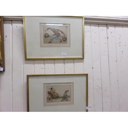 1 - Pair of framed signed Coloured Etchings, 