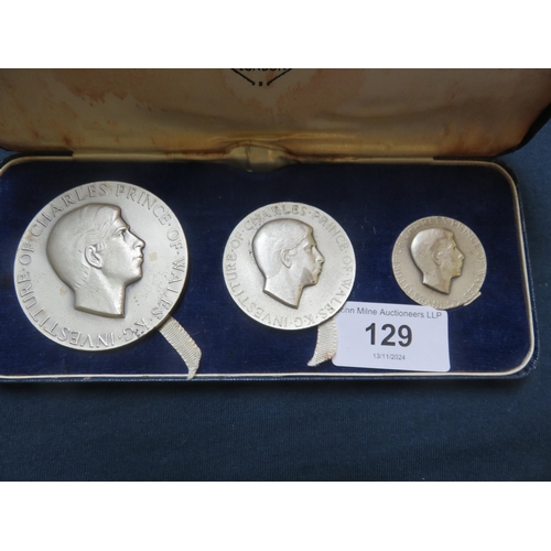 129 - Cased Limited Edition Investiture of Prince Charles 3 Medallion Set, struck in Britannia Silver