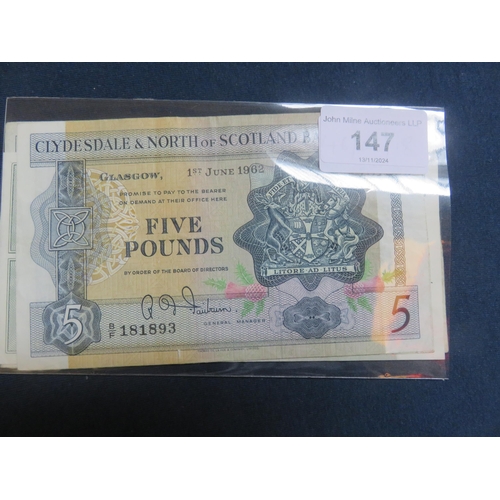 147 - Two Clydesdale and North of Scotland Bank £5 notes and four £1 notes, all 1950's/60's