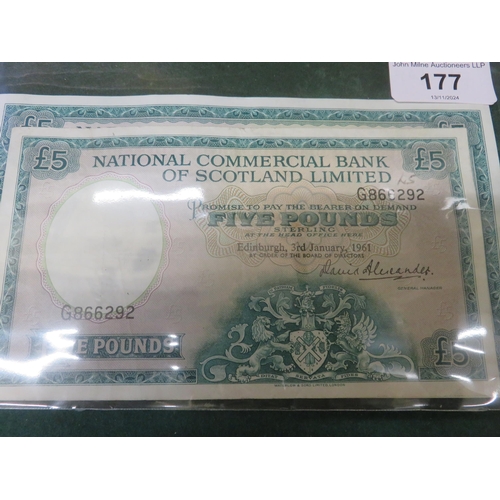 177 - Two National Commercial Bank of Scotland £5 notes, 1959 and 1961