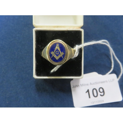 109 - 9ct. Gold and Blue Enamel Masonic Swivel Ring