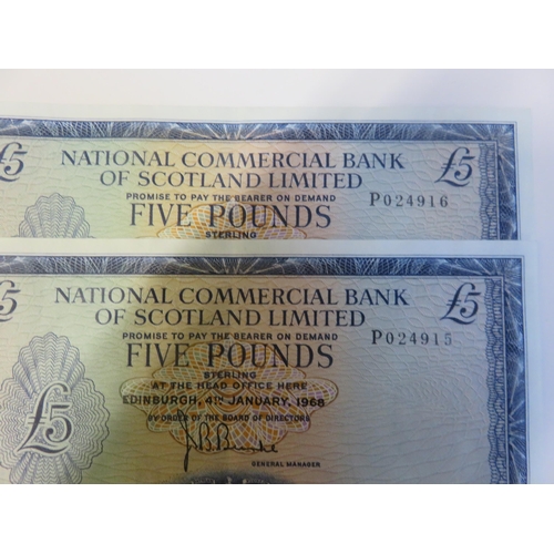 153 - Two Sequential 1968 National Commercial Bank of Scotland £5 notes.