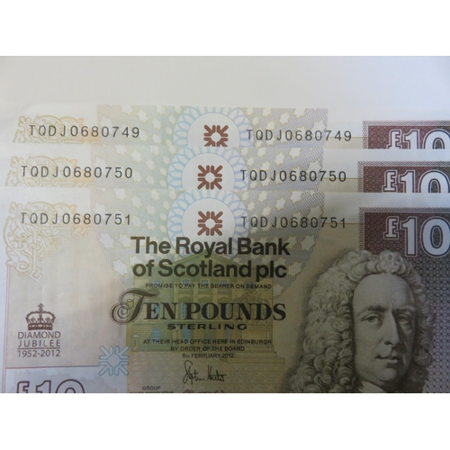 154 - Three Sequential 2012 Royal Bank of Scotland £10 notes