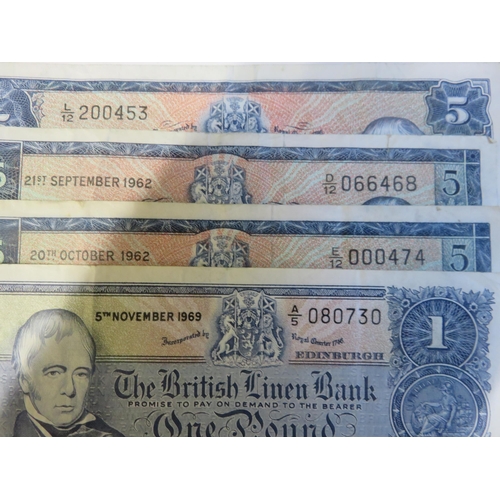 156 - Three British Linen Bank £5 notes, one British Linen Bank £1 note, all 1960's