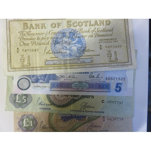 158 - Two Bank of Scotland £5 notes and six £1 notes, various years