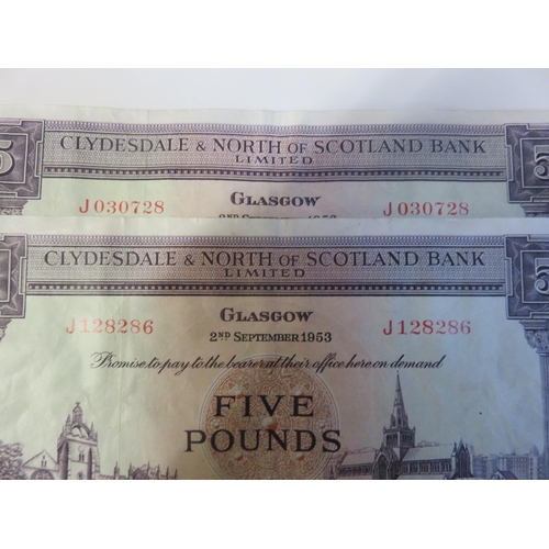 180 - Two 1953 Clydesdale and North of Scotland Bank £5 notes