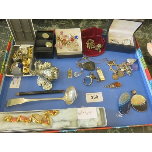 260 - Tray containing Silver Toddy Ladle, Silver items, jewellery etc.