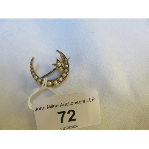 72 - Victorian 9ct Gold and Seed Pearl Star and Crescent Moon Brooch