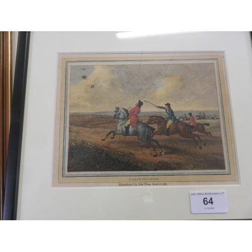 64 - Six Framed Coloured Engravings, Hunting and Fishing Scenes