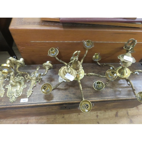 456 - Two Brass Chandeliers and two Sets of Brass Wall Lights