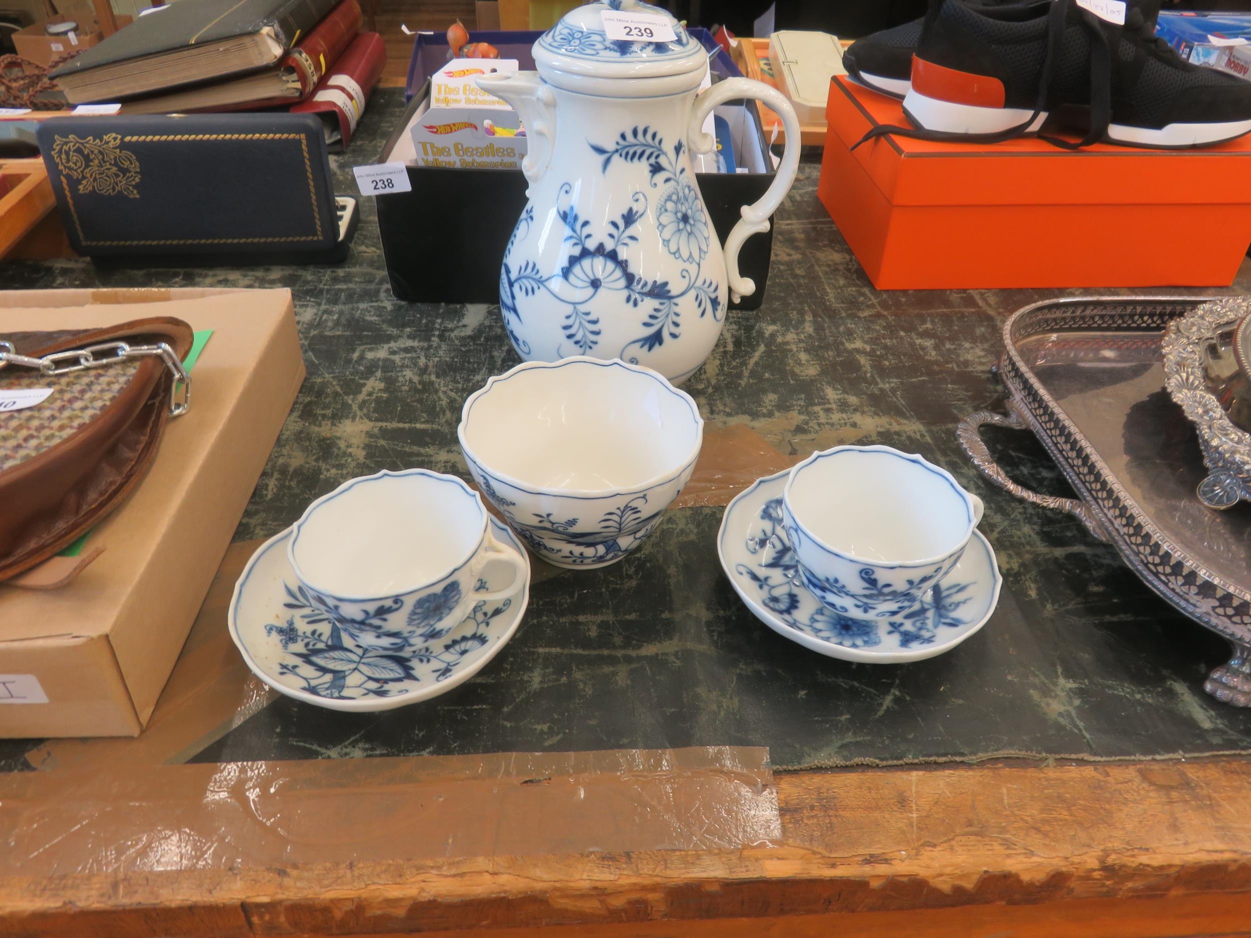 Meissen Blue and White Coffee Pot, Sugar Bowl, Two Cups and Saucers