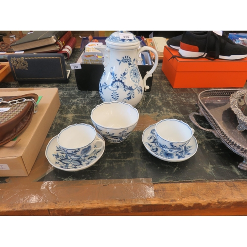 Meissen Blue and White Coffee Pot, Sugar Bowl, Two Cups and Saucers