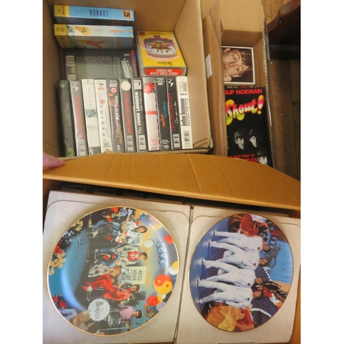 381 - Quantity of Bradford Exchange Beatles Collectors Plates and two boxes Beatles Videos and Books