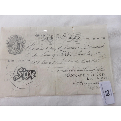 63 - 1947 Bank of England £5 note, K.O. Peppiatt