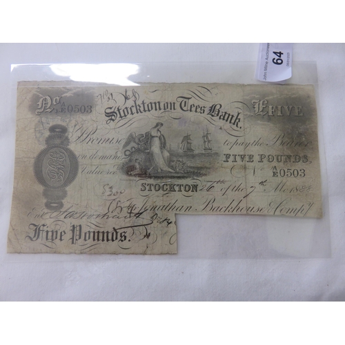 64 - Stockton Tees Bank 1888 £5 note