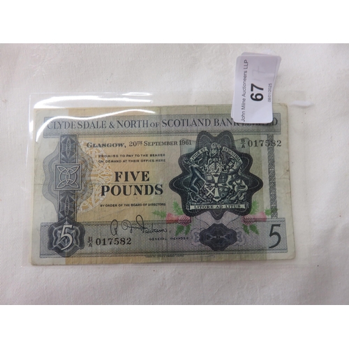 67 - 3 Clydesdale and North of Scotland Bank Ltd. £5 notes, 1961, 1962 and 1963