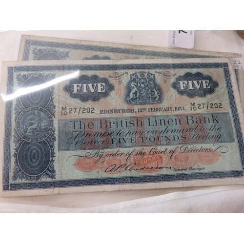 70 - 2 British Linen Bank £5 notes 1954 and 1955