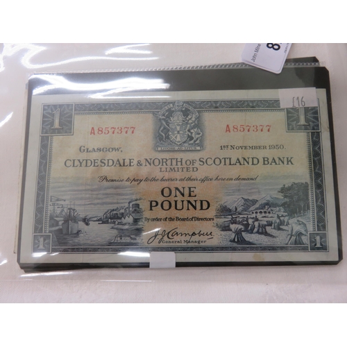 82 - 8 Clydesdale and North of Scotland Bank Ltd. £1 notes, 1950-1960