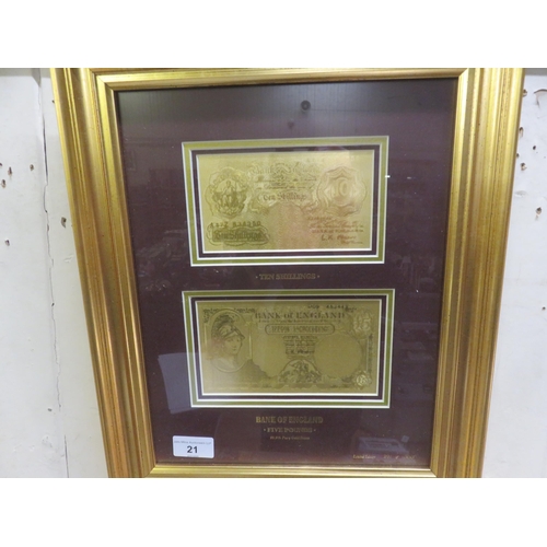 21 - Framed Bank of Scotland £5 note and Ten Shillings 99.9% Gold notes