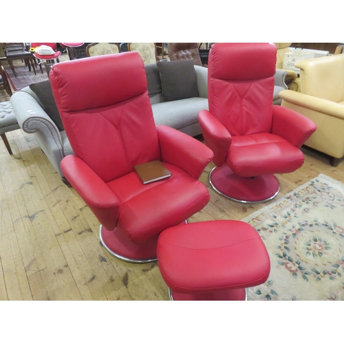 355 - Pair of Red Leather Stressless Armchairs and Foot Stools