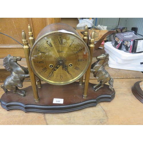 248 - Wooden and Brass Mantle Clock with Brass Horses