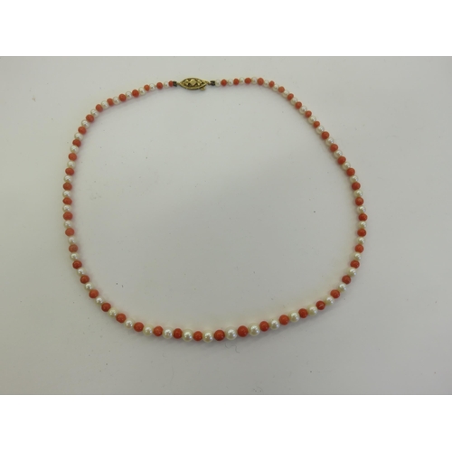 285 - Deco Coral and Pearl Necklace with 9ct. .Gold Clasp