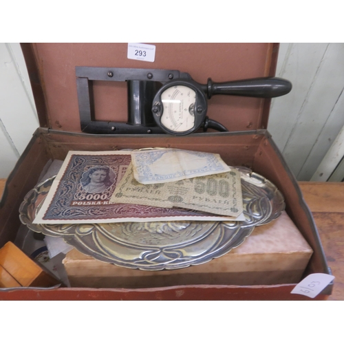 293 - Case with Plated Ware, Bank Notes, Mauchline Ware etc.