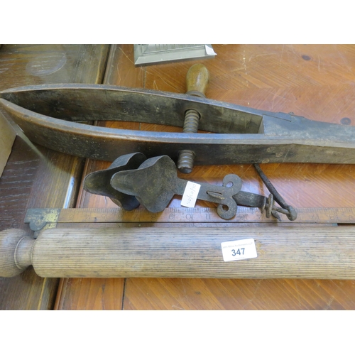 347 - Vintage Wooden Clamp, Set Square, Whale Oil Slush Lamp and Rolling Pin