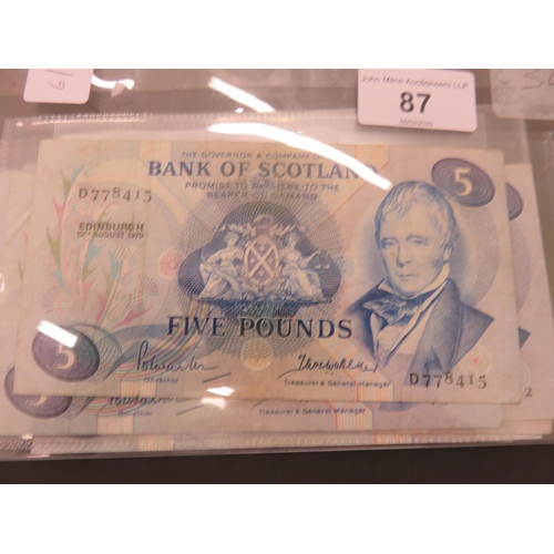 87 - Group of ten Bank of Scotland £5 notes, various dates 1970-1982