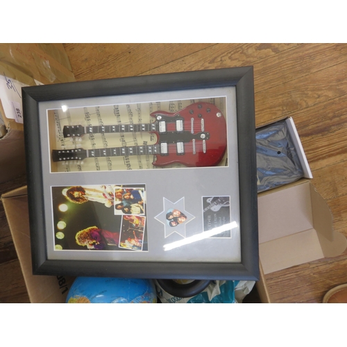 237 - Box containing Mini Portable Guitar Amp, Globe, Led Zeplin Picture, Headphones etc.