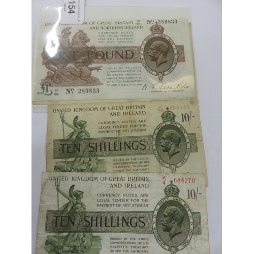 154 - Three circa 1920's £1 notes, two x 10 Shilling Notes, five in total