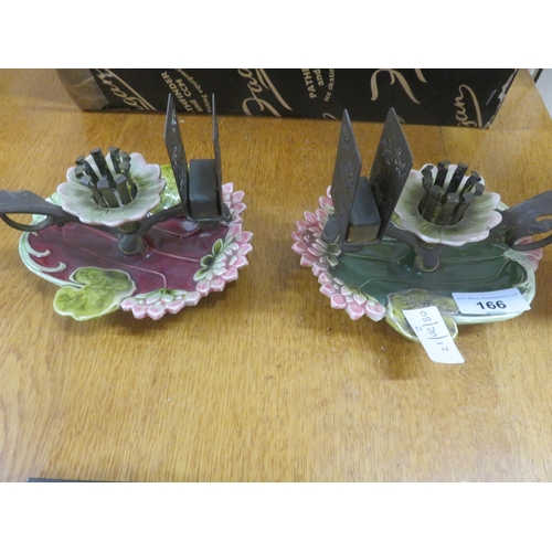 166 - Pair of Ceramic and Metal Candle Holders