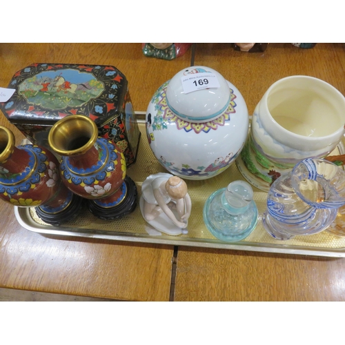 169 - Tray containing Buttons, Eastern style Lidded Jar, Cloisonne and Scottish Glass