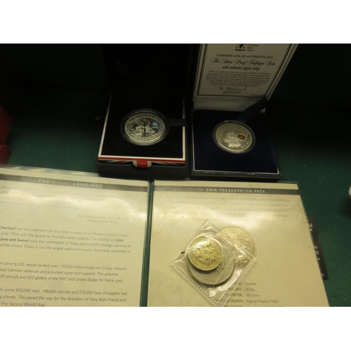 76 - Silver Trafalgar Dollar and Silver £5 Pound Olympics Coin and D Day Commemorative Coin