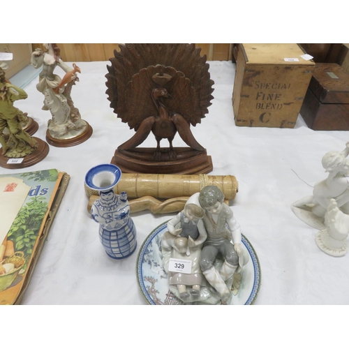 329 - Lladro, Russian Decanter, Chinese Plate, Peacock Figure, Incense Stick Holder